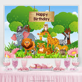 Fond d'anniversaire d'animaux de dessin animé de forêt verte florale rose